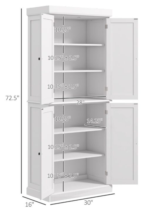 72" Kitchen Cabinet, Pantry Storage Cabinet with Doors and Shelves, Freestanding Food Pantry Cabinet, White