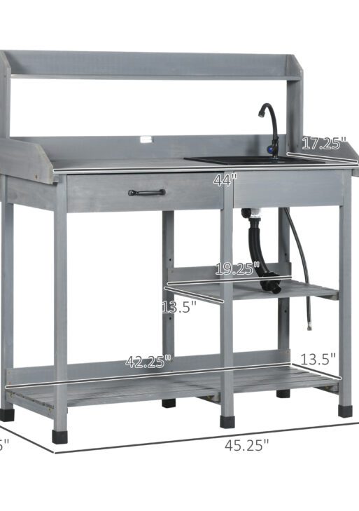 Potting Bench Table, Outdoor Garden Table Wooden Work Station with Removable Sink, Faucet, Drawer, Shelves, Hooks, Gray