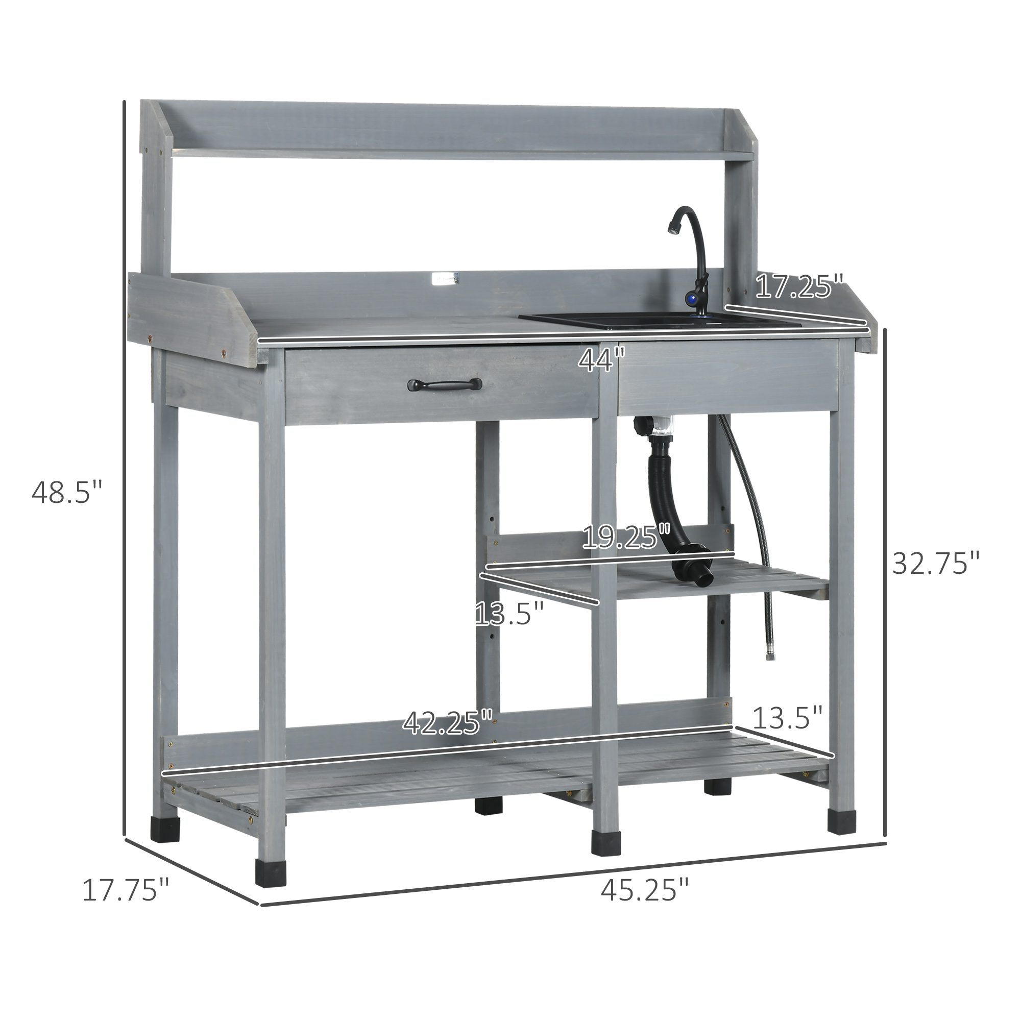 Potting Bench Table, Outdoor Garden Table Wooden Work Station with Removable Sink, Faucet, Drawer, Shelves, Hooks, Gray - Image 1