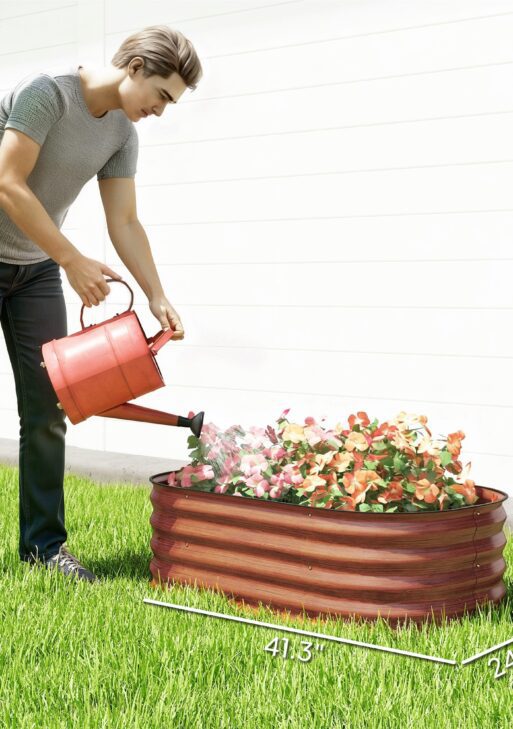 3.4' x 2' x 1' Galvanized Raised Garden Bed Kit, Metal Planter Box with Safety Edging, Brown