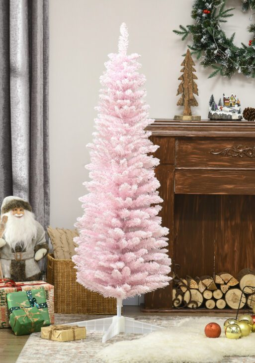 5' Decorated Christmas Tree Snow Flocked Artificial Christmas Tree with Pencil Shape, Realistic Branches, Pink