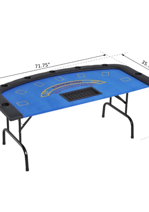 Poker Table Foldable, 72" Blackjack Table for 7 Players with Chip & Cup Holder, Blue Felt
