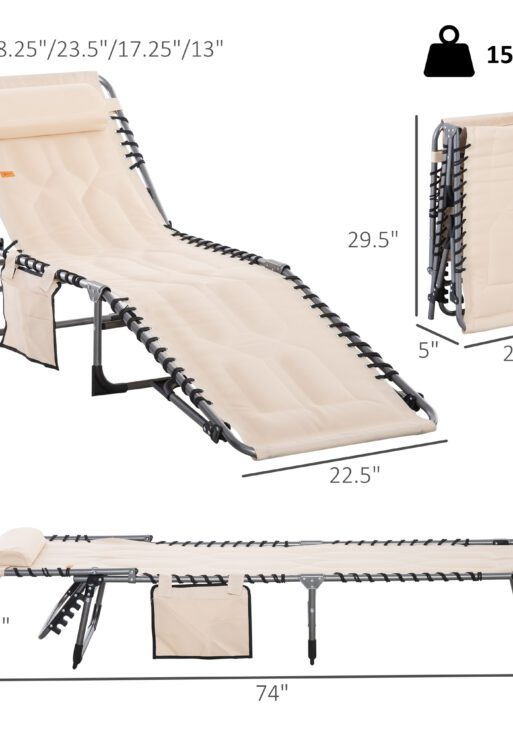 Padded Folding Chaise Lounge Chair, Outdoor 6-Level Reclining Camping Tanning Chair with Headrest for Beach, Yard, Patio, Pool, Beige