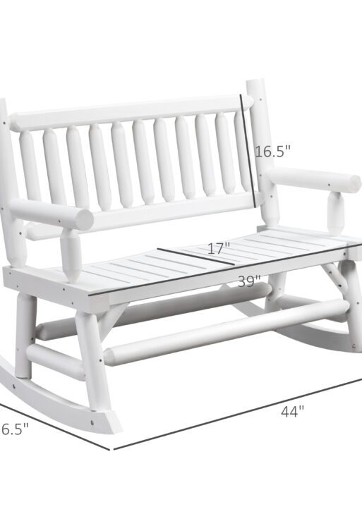 2-Person Wood Rocking Chair with Log Design, Heavy Duty Loveseat with Wide Curved Seats for Patio, Backyard, Garden, White