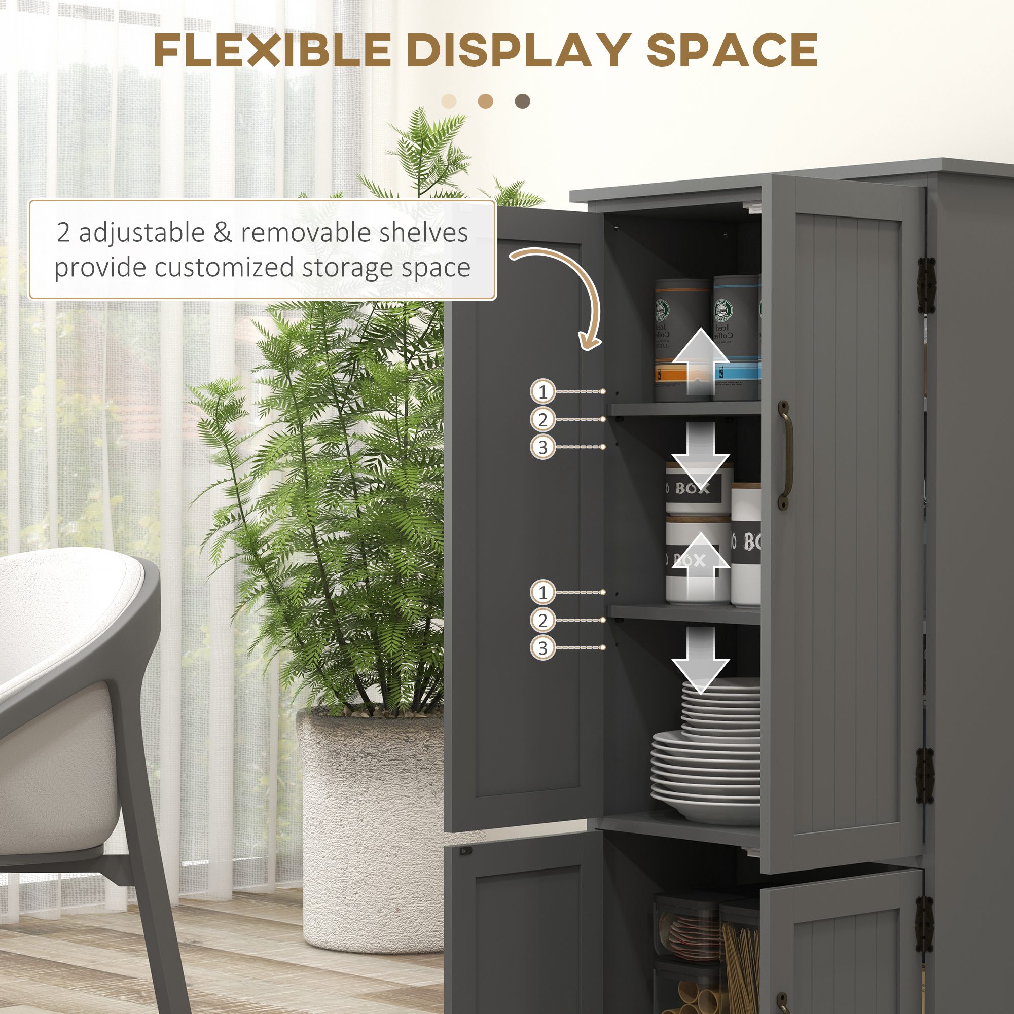 Accent Floor Storage Cabinet Kitchen Pantry with Adjustable Shelves and 2 Lower Doors, Gray - Image 4