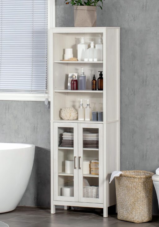 Tall Bathroom Storage Cabinet with 3 Tier Shelf, Glass Door Cabinet, Freestanding Linen Tower with Adjustable Shelves, Antique White