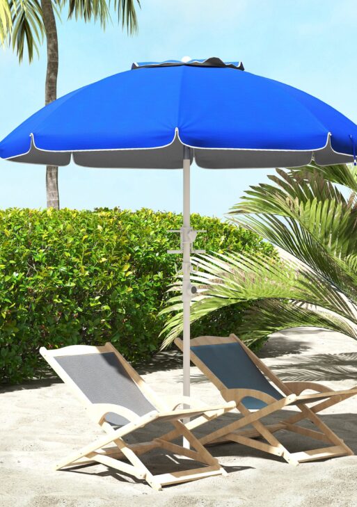 5.7' Beach Umbrella for Travel with Tilt, Adjustable Height, 2 Cup Holders, Hooks, Vent, Ruffles, Sapphire Blue