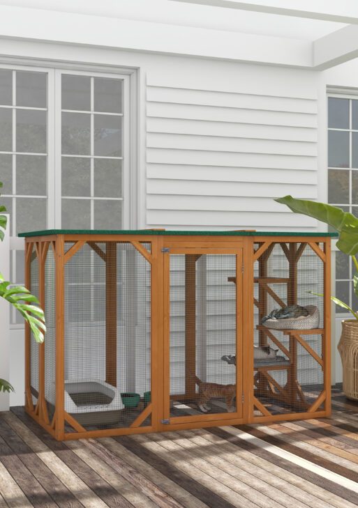 Outdoor Cat House, Catio Wooden Feral Cat Shelter, Cat Cage with Platforms, Large Enter Door, Weather Protection Asphalt Roof, 71" L, Orange