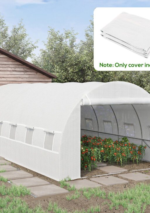 19.7' x 9.8' x 6.6' Plastic Greenhouse Cover Replacement, Heavy Duty Waterproof Tarp for Hoop House, Sheeting with 12 Windows, Door & Reinforcement Grid, White