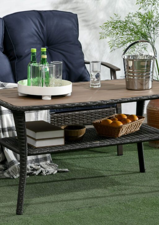 Outdoor Patio PE Rattan Coffee Table with Storage Shelf, Wicker Side Table with Wood-Plastic Composite Top, Mixed Brown