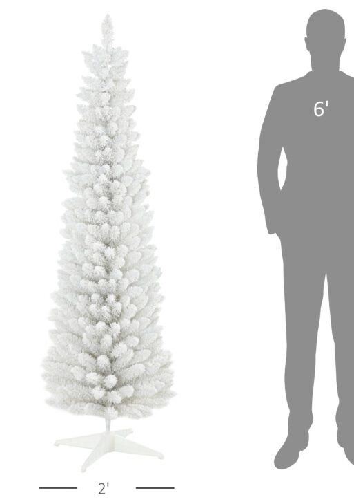 6' Decorated Christmas Tree Snow Flocked Artificial Christmas Tree with Pencil Shape, Realistic Branches, White