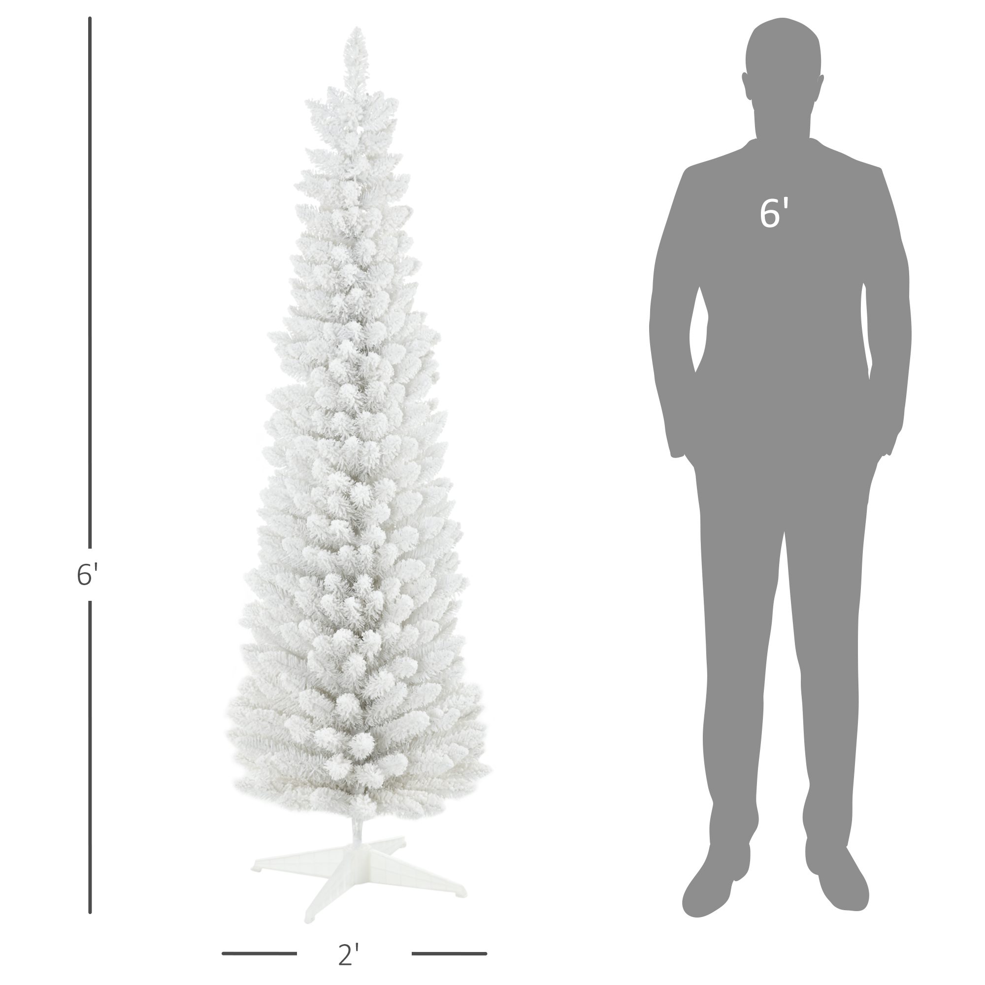 6' Decorated Christmas Tree Snow Flocked Artificial Christmas Tree with Pencil Shape, Realistic Branches, White - Image 1