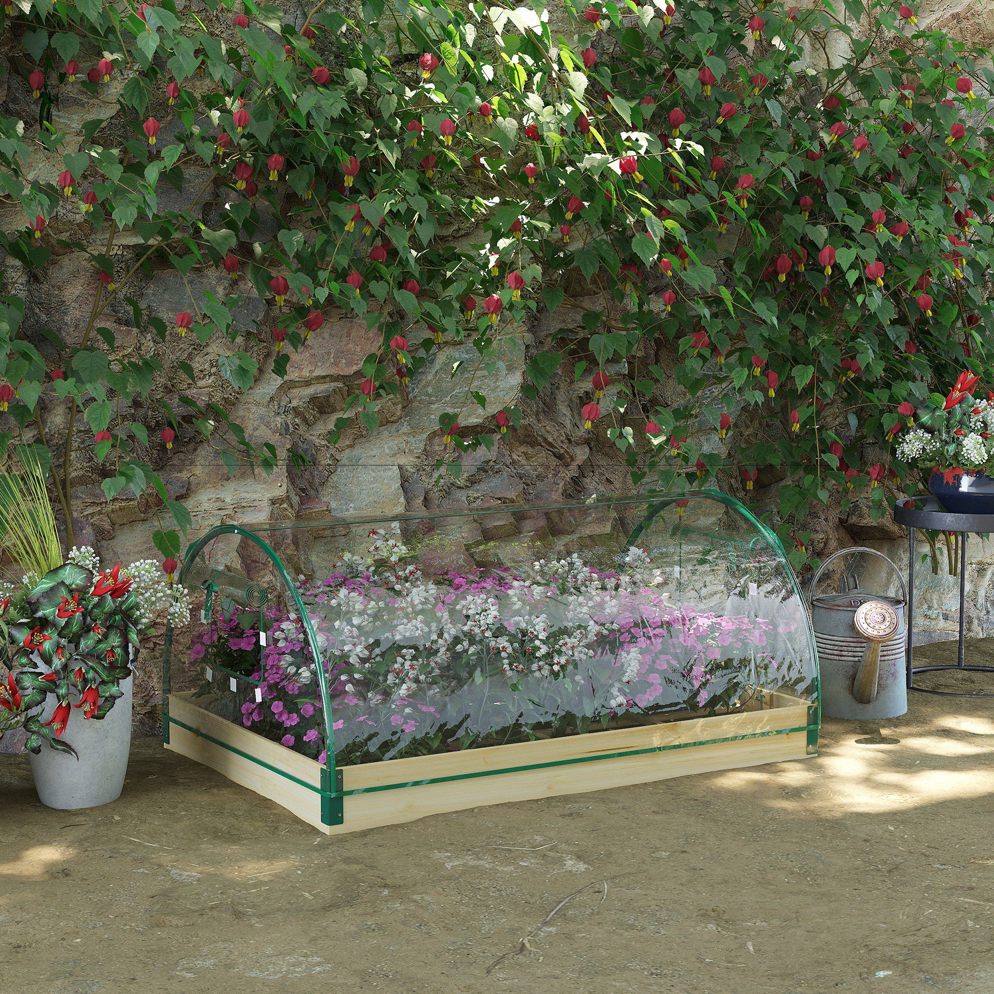 12 Pockets Raised Garden Bed with Greenhouse and Roll Up Windows, Wooden Planter Box Kit with Cover, Dual Use for Vegetables, Flowers, 4' x 3' x 2'