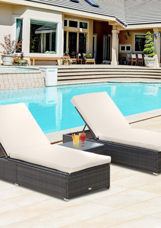 Outdoor Lounge Chairs Set of 2 with 5-Level Angles Adjust Backrest, Thick Cushions, & Matching Table, Patio Rattan Furniture Sets for Pool Side, Balcony, Beach, Yard, MixedBrown