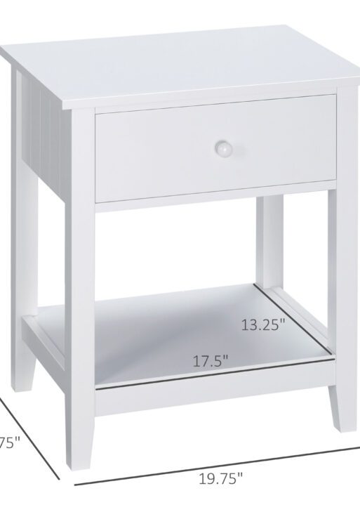 End Table, 2-tier Side Table with Drawer and Storage Shelf, Modern Side Table for Living Room, White
