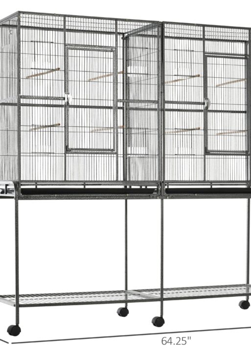 Rolling 65"L Bird Cage w/ Storage Shelf Wood Perch Food Container