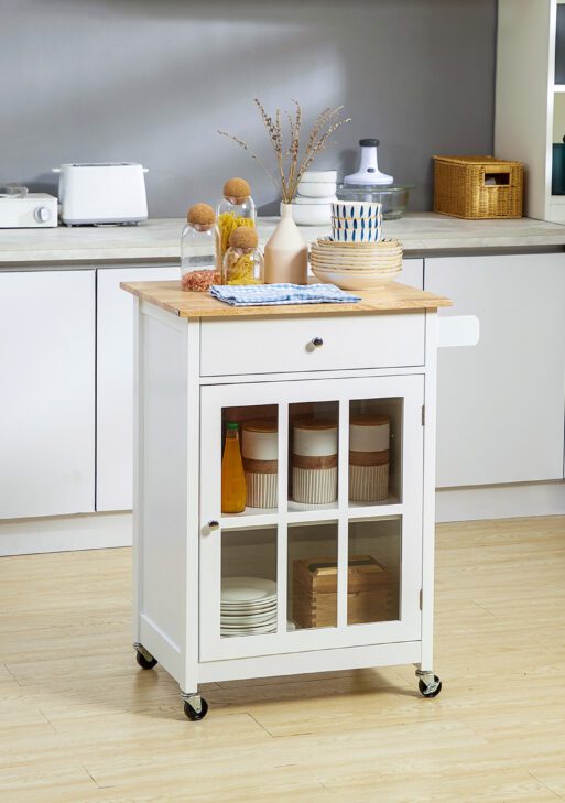 27" Rolling Kitchen Island Cart with Drawer and Glass Door Cabinet, Kitchen Trolley with Adjustable Shelf and Towel Rack, White