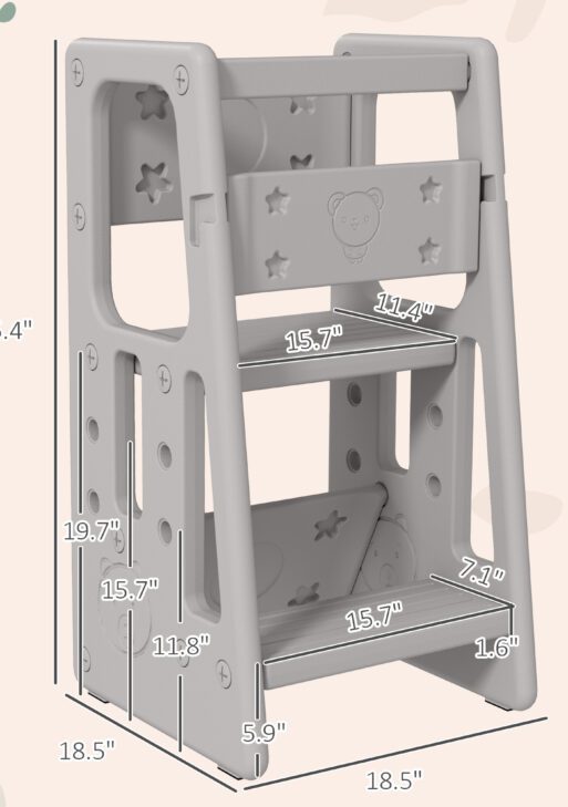 Toddler Tower with Adjustable Height, Toddler Kitchen Stool Helper with Anti-slip Mat, Step Stool for Kitchen, Bathroom, Gray