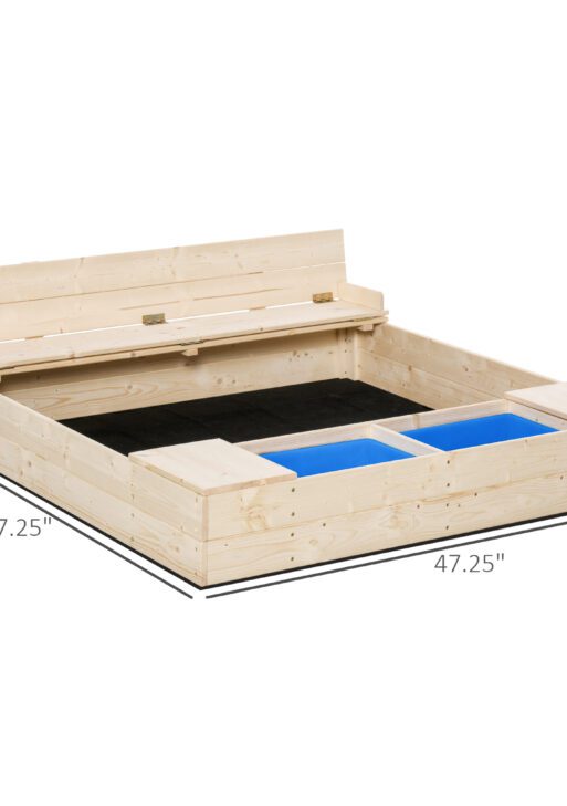 Kids Wooden Sandbox w/ Two Plastic Boxes Foldable Bench Seat Waterproof Cover Bottom Liner Storage Space