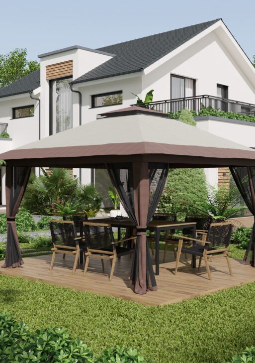 13' x 13' Pop Up Gazebo Instant Canopy Tent Shelter with 2-Tier Roof, Carry Bag, Wight Bags for Outdoor, Garden, Beige