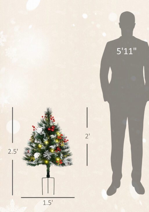 2.5 Ft/30" 2 Pack Outdoor Entryway Pre-Lit Artificial Christmas Tree Cordless with 70 Branches, Warm White LED lights, Red Berries, Pine Cones, Balls, Green