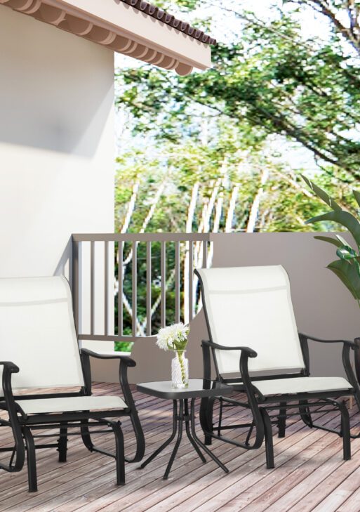 3-Piece Outdoor Gliders Set Bistro Set with Steel Frame, Tempered Glass Top Table for Patio, Garden, Backyard, Lawn, Cream White