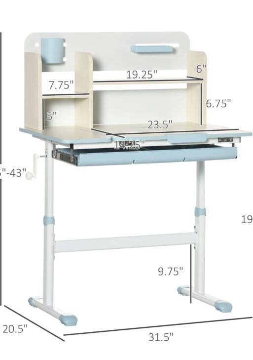 Wooden Kids Study Desk, Height Adjustable Children School Study Table, Student Writing Desk with Tilt Desktop, Drawer, Storage Shelf, Pen Holder, Blue