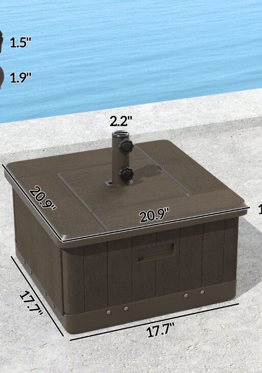 3-in-1 Outdoor Umbrella Base with Wheels and Handles, End Table, Flower Box Planter with Hole, 175 lbs. Capacity, Brown