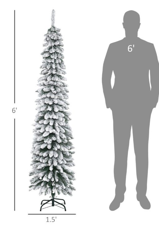 6' Tall Unlit Slim Pencil Xmas Tree, Snow Flocked Artificial Christmas Tree with Realistic Branches and 603 Tips, Green