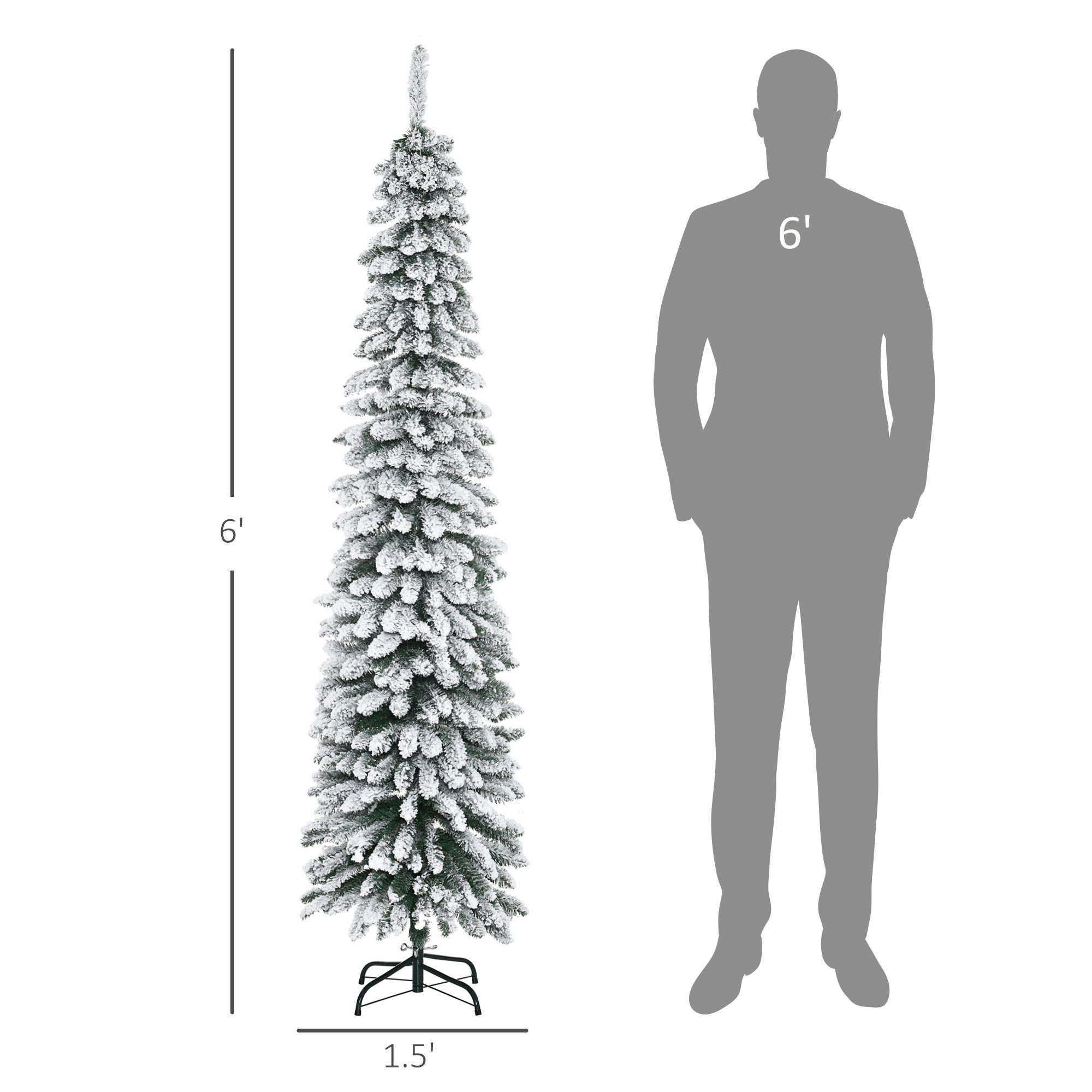 6' Tall Unlit Slim Pencil Xmas Tree, Snow Flocked Artificial Christmas Tree with Realistic Branches and 603 Tips, Green - Image 1