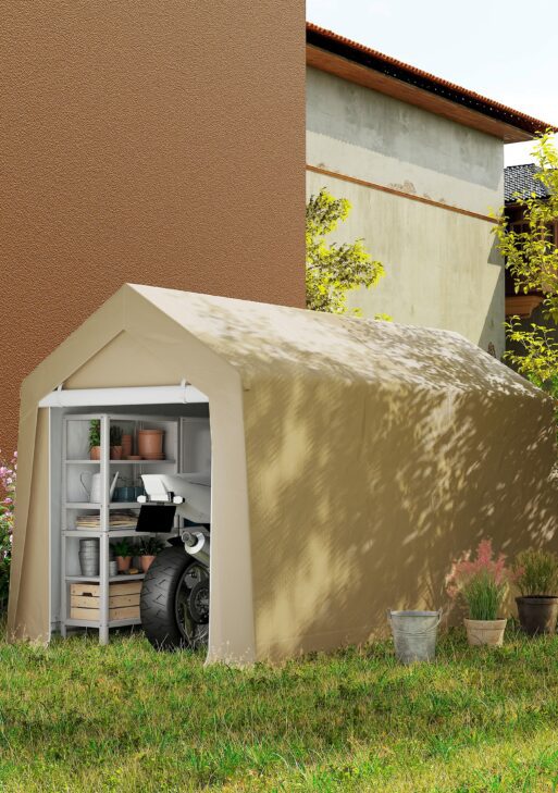 Galvanized 7' x 12' Outdoor Storage Tent, Heavy Duty and Waterproof Portable Shed for Bike, Motorcycle, Tools, Beige