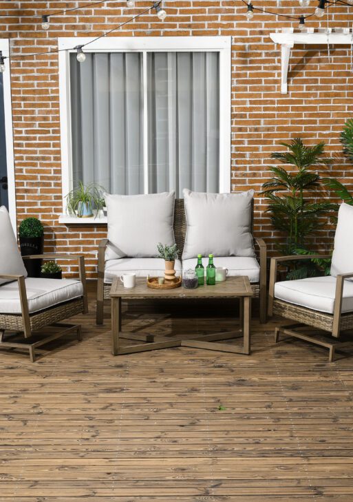 4 Piece Wicker Patio Furniture Set with 2 Rocking Chairs, Loveseat Sofa, Outdoor PE Rattan Conversation Set with Cushions, Aluminum Table for Porch, Poolside, Light Gray
