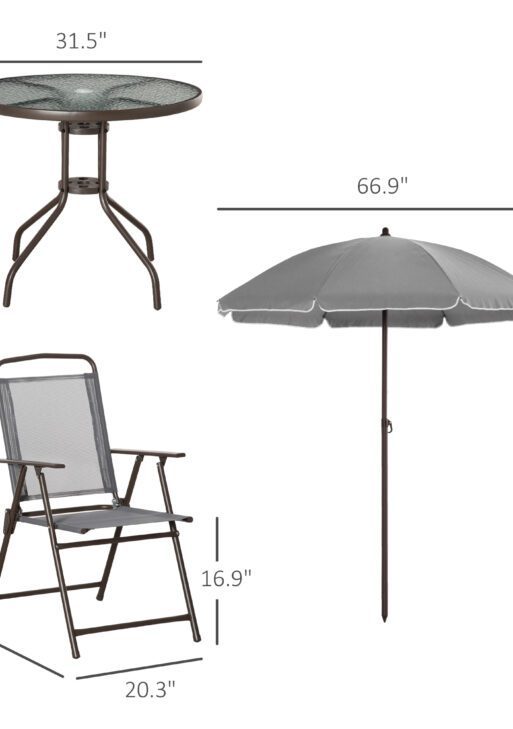 6 Piece Patio Dining Set for 4 with Umbrella, with 4 Folding Dining Chairs & Round Glass Table for Garden, Gray