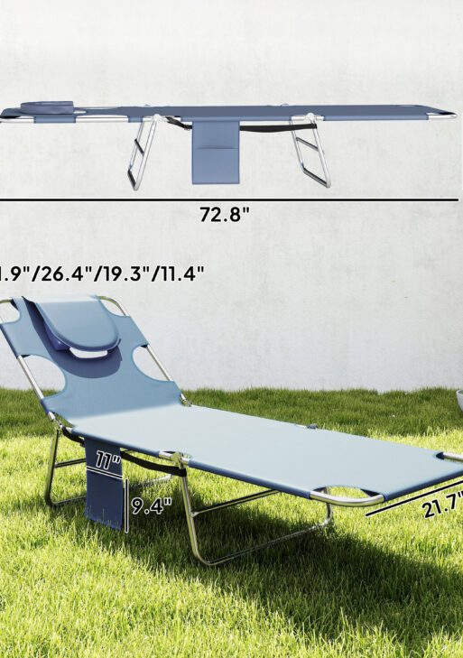 Folding Outdoor Chaise Lounge Sun Tanning Chair with Face Cavity, Pillow, 5-level Adjustable for Beach, Pool, Gray