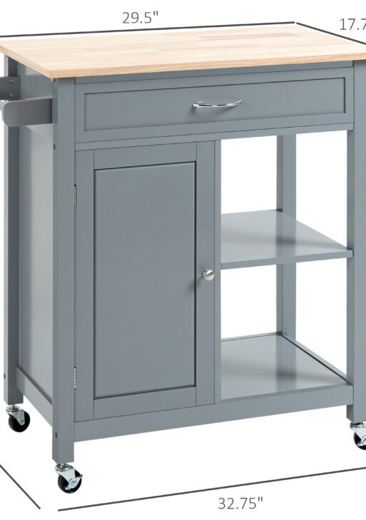 Kitchen Island Cart, Rolling Kitchen Island with Storage Shelf, Solid Wood Top, Drawer, for Dining Room, Gray