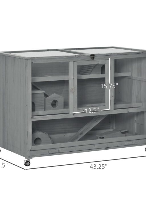 Wooden 3-Tier Hamster Cage Hutch Box with Ladder Wheels for Small Animals, Dark Gray