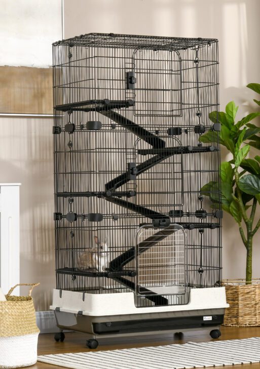 6-tier Platform Rolling Small Animal Rabbit Cage with a Large Living Space, Black