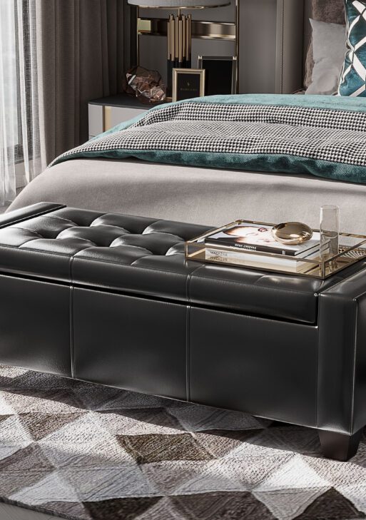 51" Ottoman with Storage, Storage Ottoman Bench with Safty Hinge, Faux Leather Upholstered Entryway Bench with Seating for Living Room, Bedroom, Holds up to 330 lb, Black