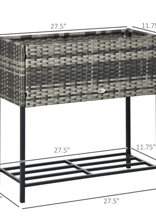 Raised Garden Bed, Elevated Planter Box with Rattan Wicker Look, Tool Storage Shelf, Portable Design for Herbs, Vegetables, Flowers, Gray