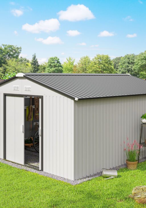 Garden Metal Shed, Storage Shed Utility Storage with Double Locking Doors for Bike, Yard Tools, White