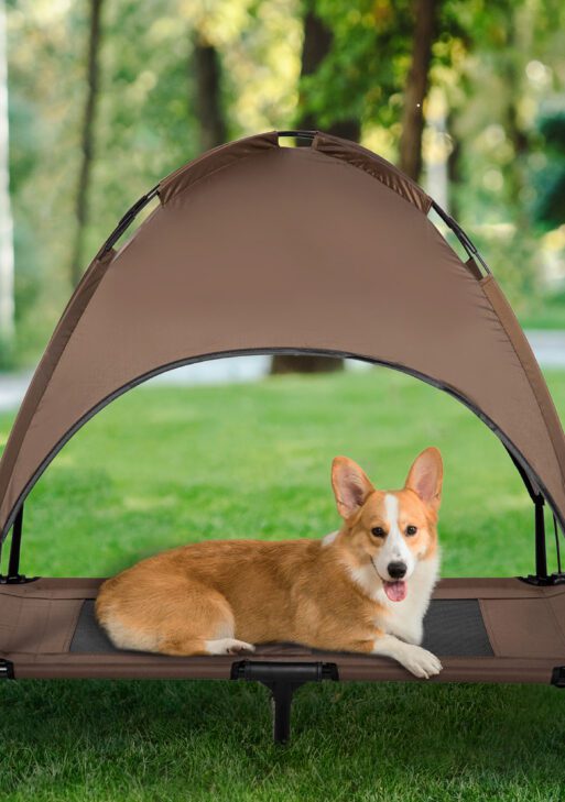 Elevated Portable Dog Cot Pet Bed with UV Protection Canopy Shade, 36 inch, Coffee