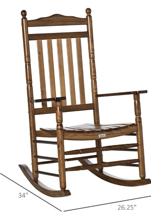 Traditional Wooden High-Back Rocking Chair for Porch, Indoor/Outdoor, Brown