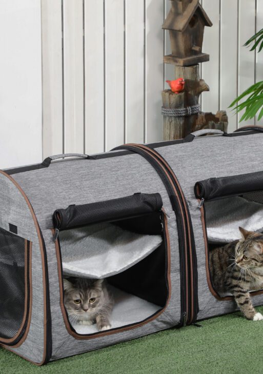 39" Portable Soft-Sided Cat Carrier, Cat Kennel, Travel Dog Crate with Divider, Two Compartments, Soft Cushions & Storage Bag, Easy to Fold, Light Gray