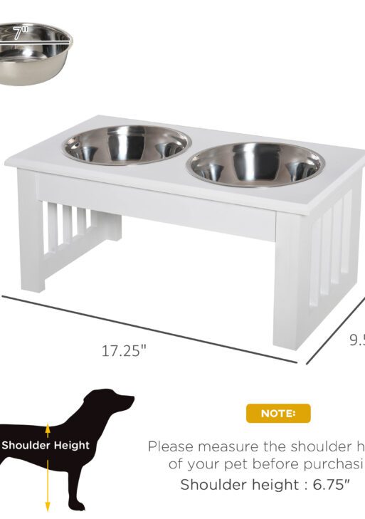 6" Height Small Puppy Dog Feeding Station for Messy Pets, Stainless Steel Elevated Dog Bowls with Modern Wooden Frame, Dog Food Stand Pet Feeding Station, White