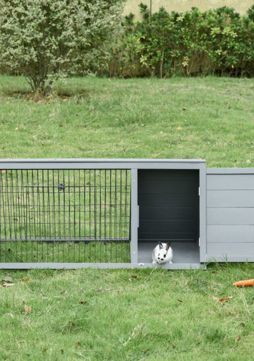 46" x 24" Wooden A-Frame Outdoor Rabbit Hutch, Small Animal Cage, Bunny Hutch with Outside Run & Ventilating Wire, for Rabbits, Chickens, Ducks, Gray