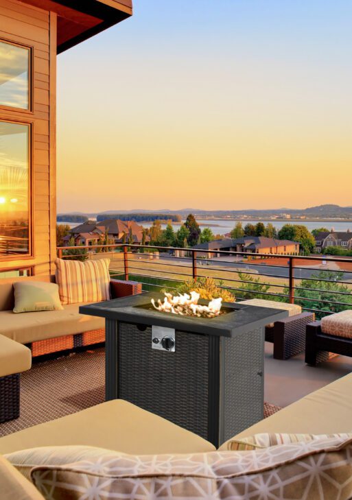 30 Inch Outdoor Propane Gas Fire Pit Table, 50,000 BTU Auto-Ignition Square Wicker-effect Gas Firepit with Ceramic Tabletop, Lid, Lava Rocks & Rain Cover, CSA Certification