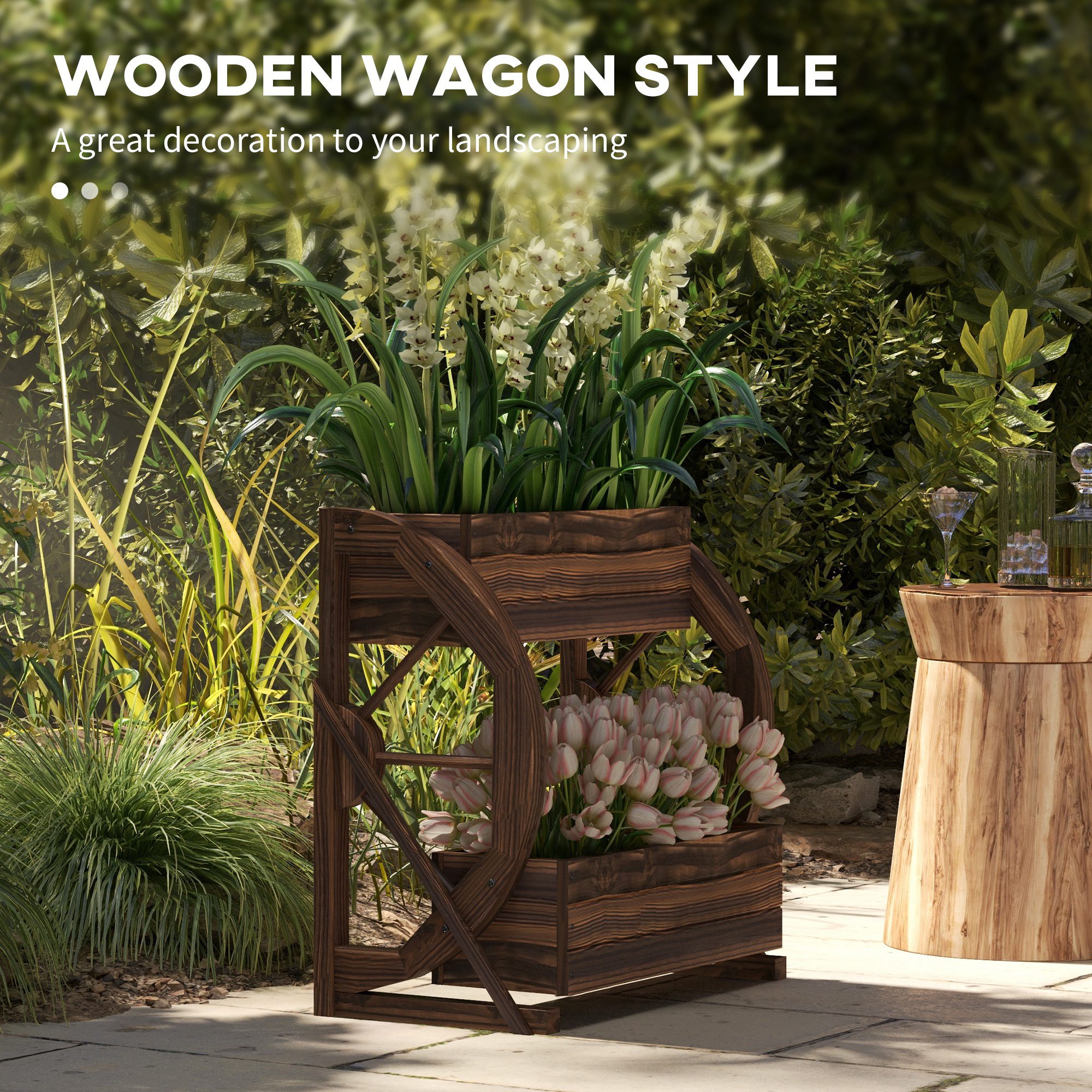 Wooden Wagon Planter Box, 2-Tier Raised Garden Bed, for Vegetables Flowers Herbs, 22" x 13" x 22" - Image 2