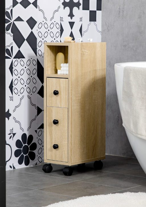 Freestanding Compact Design Bathroom Cabinet with 2 Open Cabinets, 1 Door Cabinet, 1 Drawer and 4 Rolling Wheels, Oak Grain Color