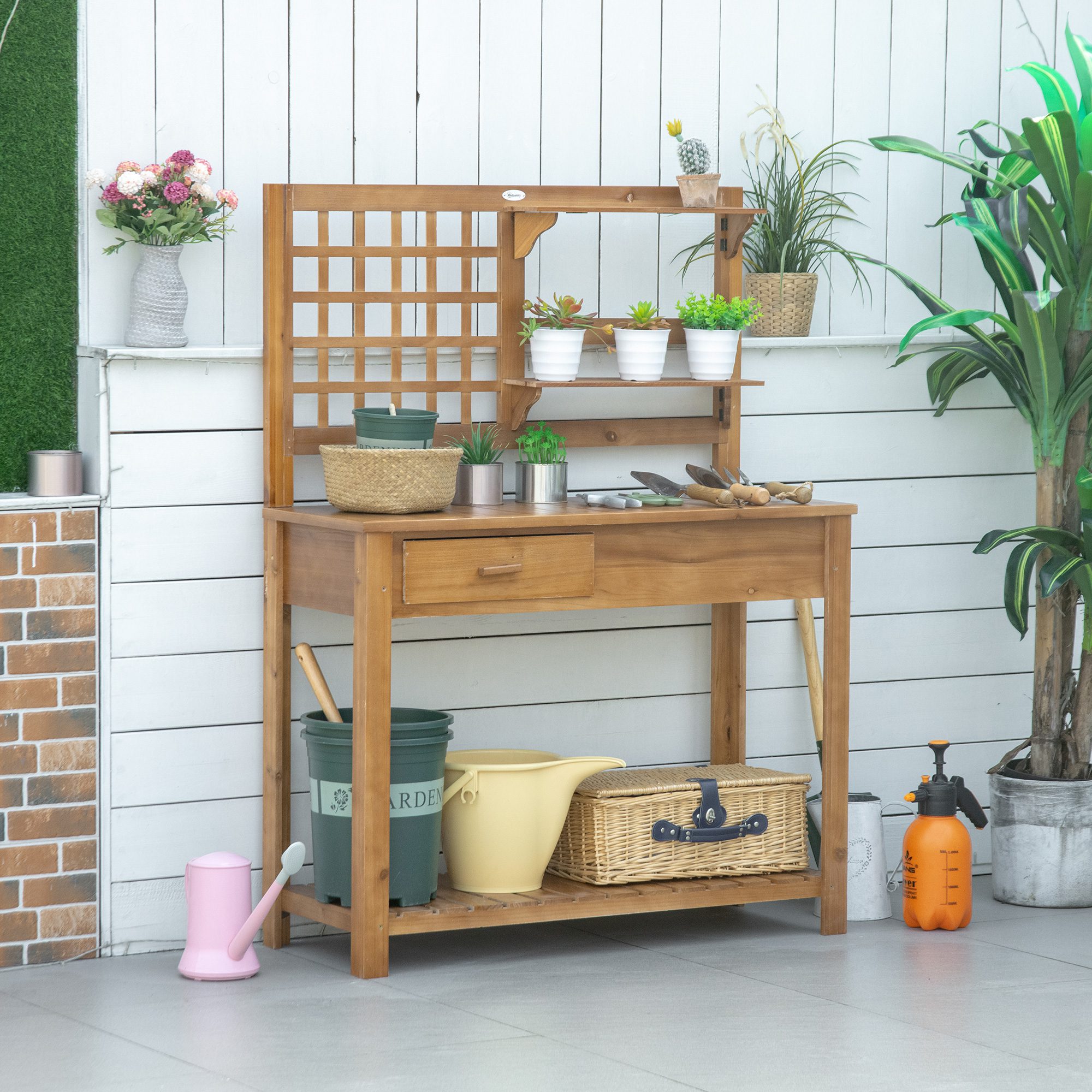 Potting Bench Table, Garden Work Bench, Outdoor Wooden Workstation with Tiers of Shelves and Drawer for Patio, Courtyards, Balcony, Brown