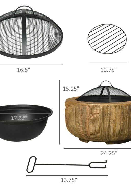 Outdoor Fire Pit, 24 Inch Metal Wood Burning Fireplace with Spark Cover, Poker, Woodgrain Design for Patio, Picnic, Backyard, Light Brown